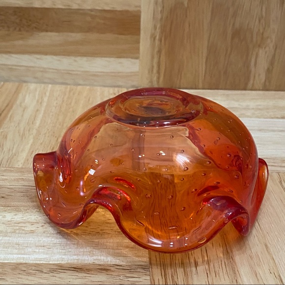 Murano Style Art Glass Controlled Bubble Bullicante Orange Ruffled Candy Dish - Picture 11 of 13